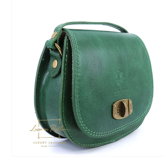 Eclectic green Italian leather crossbody bag with a structured silhouette, brushed brass hardware, and twist-lock.
