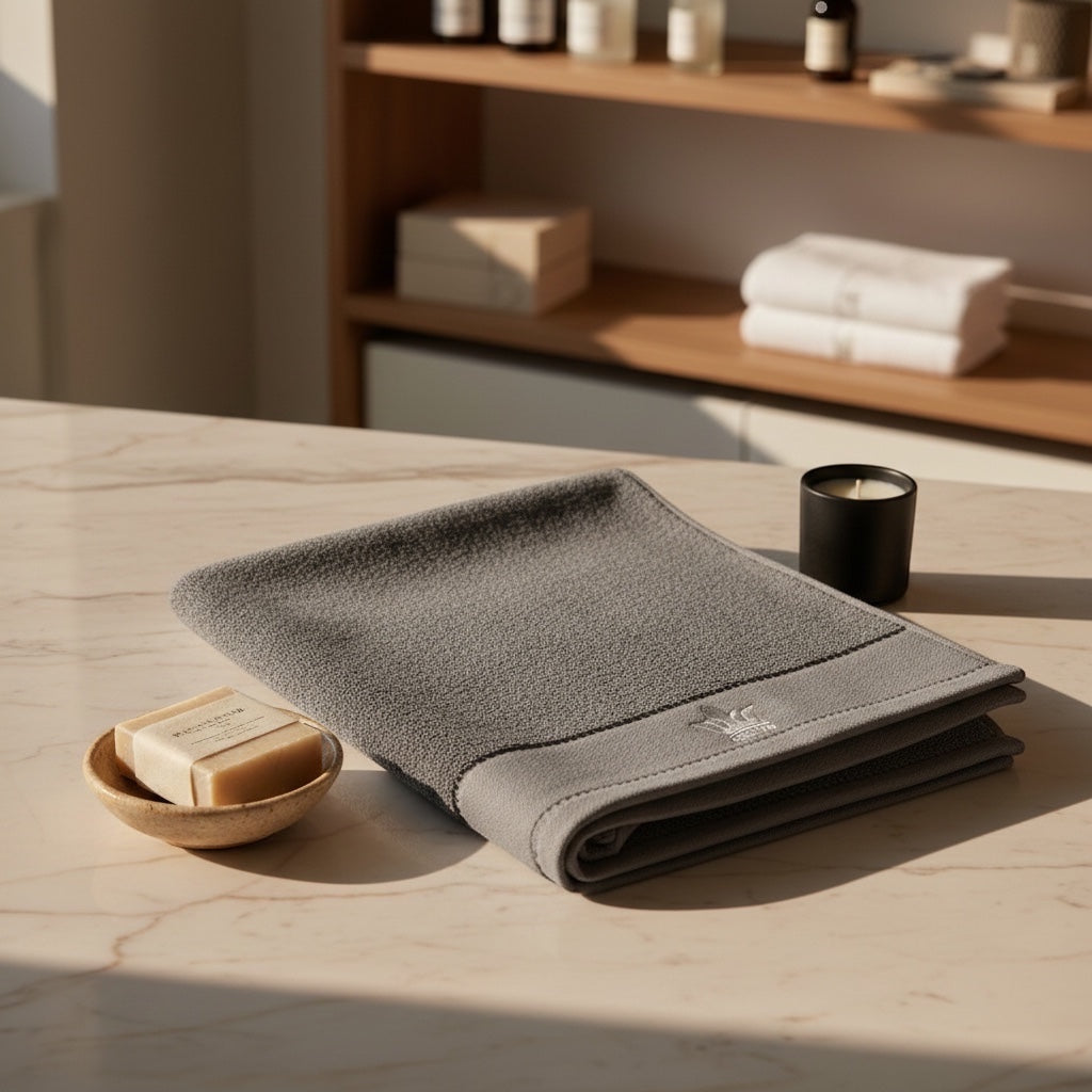Eclectic grey cotton guest towel with embroidered crown detail folded on a marble countertop next to soap and candle.