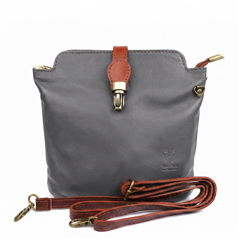 Eclectic Roma grey Italian leather crossbody bag with tan trim, gold-tone hardware, and detachable strap.