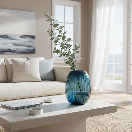 Eclectic Guaxs Patara ocean blue mouth-blown glass vase with pleated texture on a white coffee table in a living room.