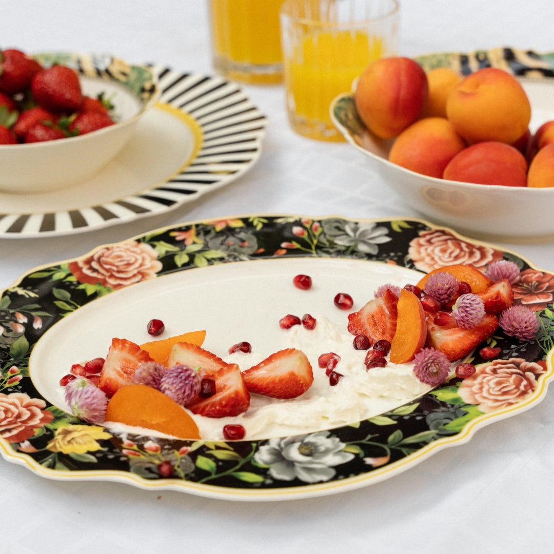 Eclectic Jenna Clifford Botanica Rose fine china oval platter with floral motifs and fresh fruit on a table