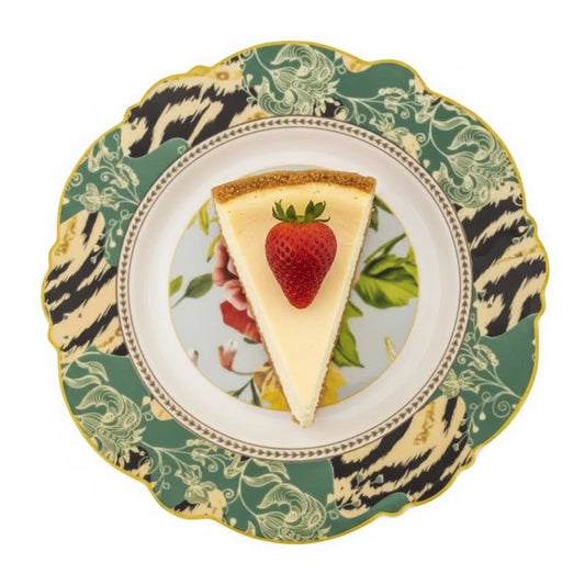 Eclectic Botanica Rose fine china biscuit plate by Jenna Clifford featuring a slice of cheesecake with a strawberry.