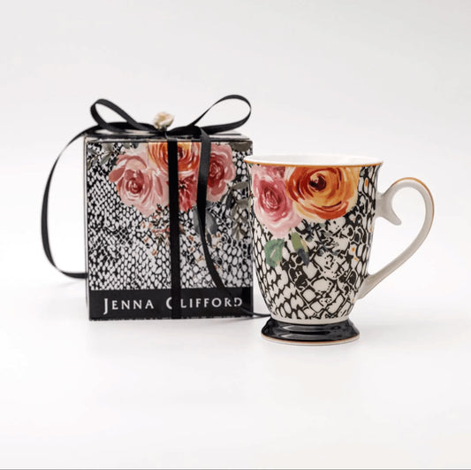 Eclectic Jenna Clifford fine china footed mug with peach rose motif and black lace pattern, shown with matching gift box.