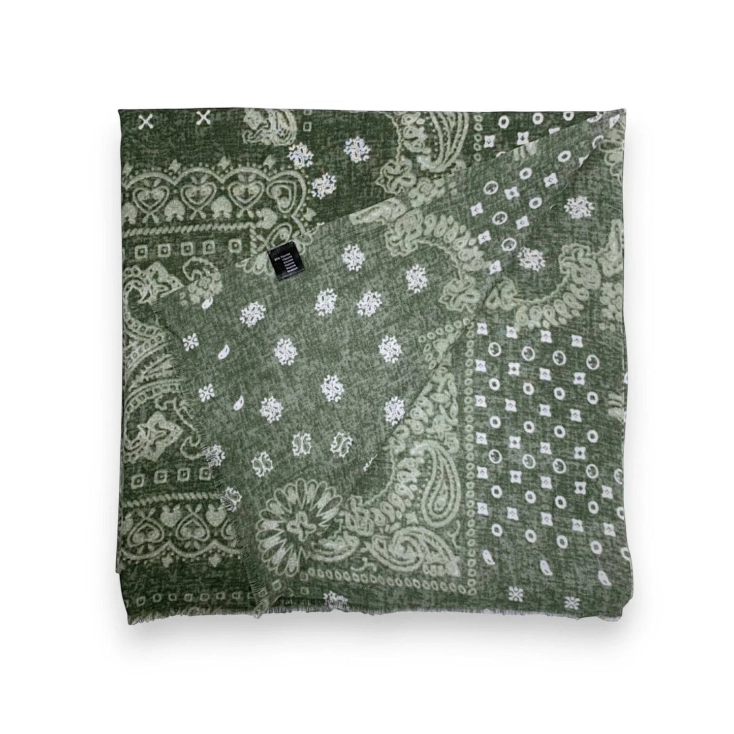Eclectic khaki wool blend scarf featuring an oversized white bandana paisley print in a soft lightweight fabric.