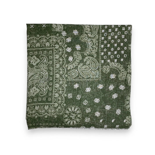 Eclectic khaki wool blend scarf featuring an oversized white bandana paisley print in a soft lightweight fabric