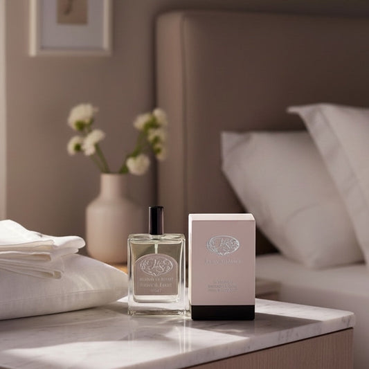 Eclectic La Provence bergamot and lemon room and linen mist in a square glass bottle with pewter emblem and gift box.