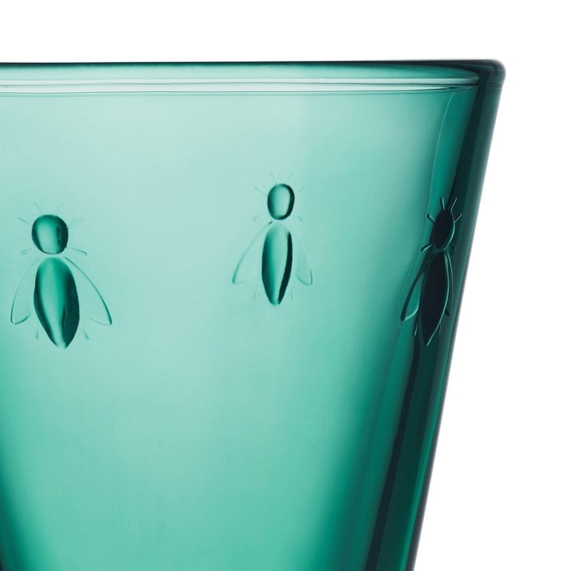 Eclectic La Rochère Abeille green pressed glass tumbler featuring a raised Napoleonic bee motif in a tapered design.