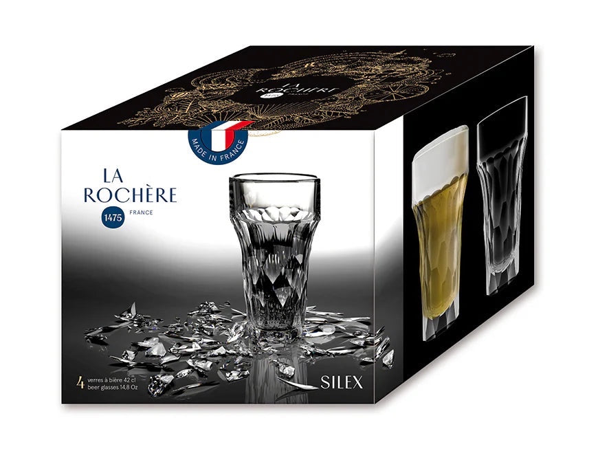 Eclectic La Rochère Silex beer glass set of four in clear pressed glass with a structured industrial design.