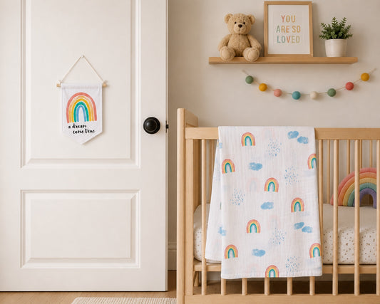 Eclectic Lulujo Rainbow Sky cotton muslin swaddle blanket and Dream wall banner set displayed in a nursery.