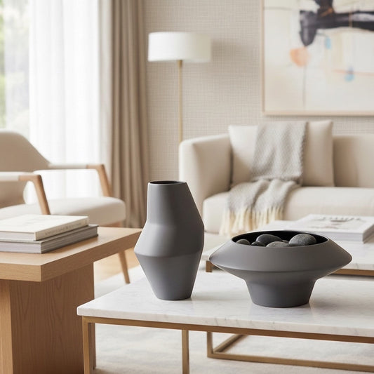 Eclectic wide matte grey ceramic vase with a low flared silhouette and dark interior on a marble coffee table.