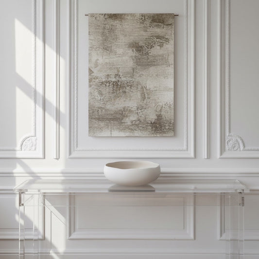 Eclectic Médard de Noblat Oslo stoneware serving bowl with matte white exterior on a clear console table