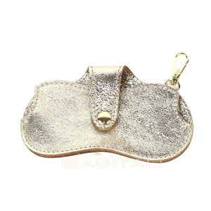 Eclectic metallic gold leather glasses case with a snap-button closure and gold-tone clip, made in Italy.