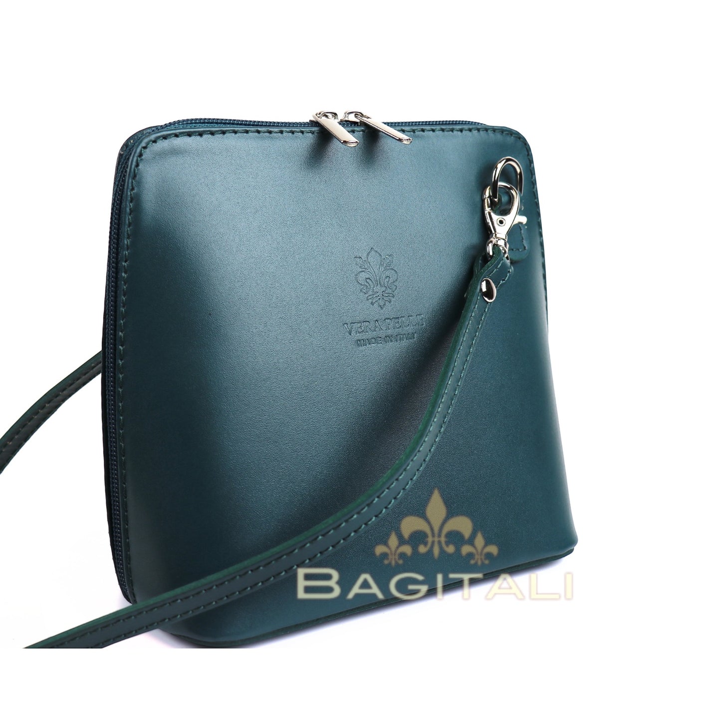 Eclectic Mini Milano crossbody bag in dark green smooth Italian leather with silver hardware and detachable strap