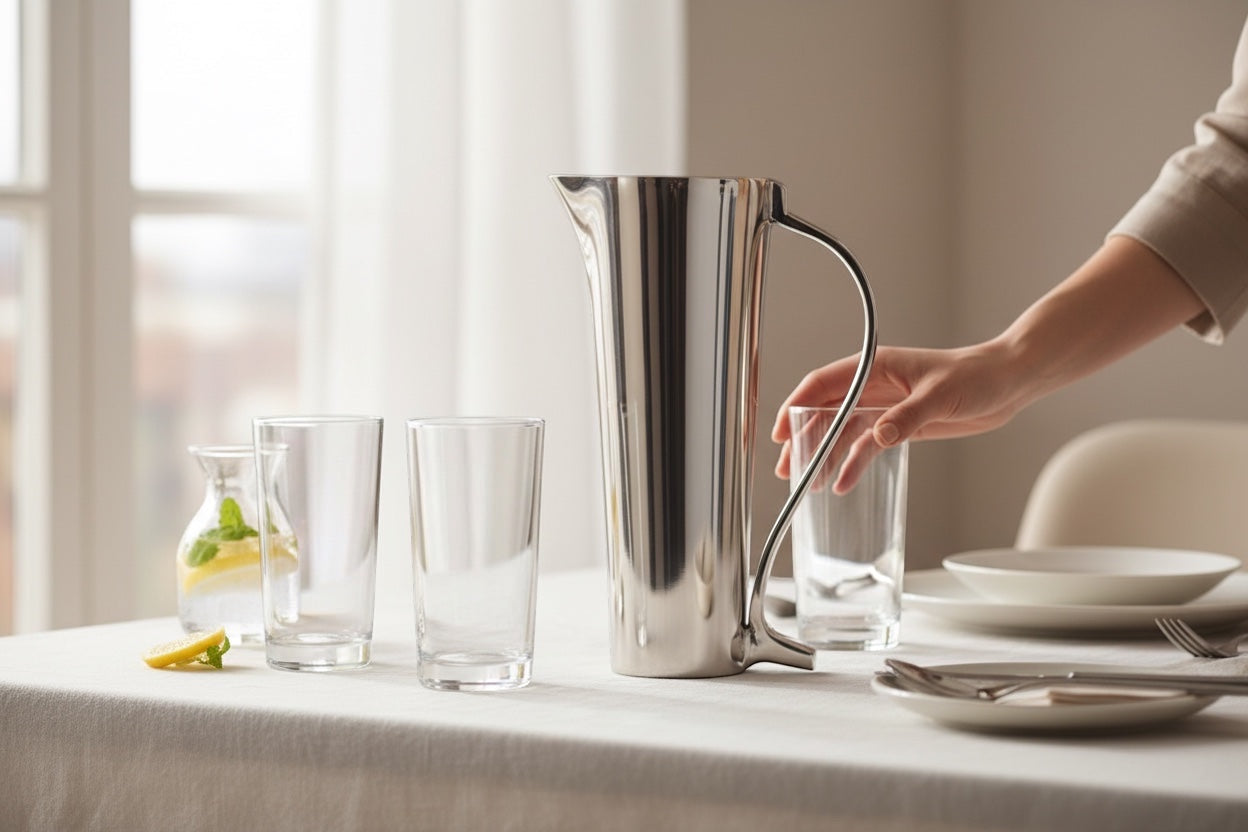 Eclectic Mockana handcrafted aluminium water jug with a plain handle on a dining table with glasses