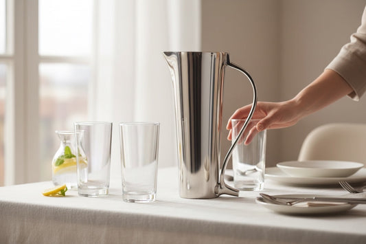Eclectic Mockana handcrafted aluminium water jug with a plain handle on a dining table with glasses