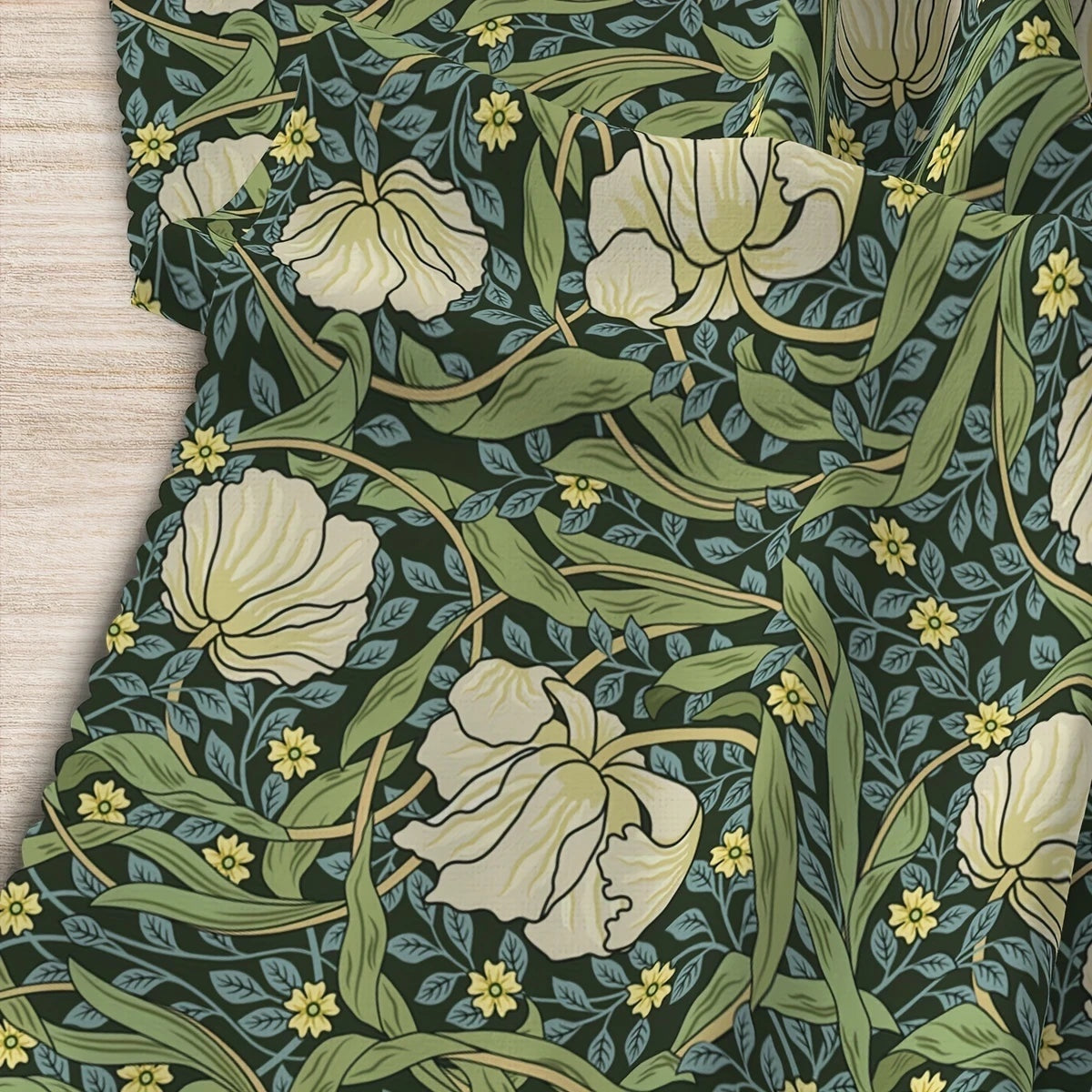 Eclectic Morris vintage floral tablecloth in green, cream, and yellow with a botanical linen-look poly blend fabric.