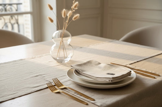 Eclectic set of 4 natural stonewashed linen napkins with a subtle scroll pattern on a minimalist dining table