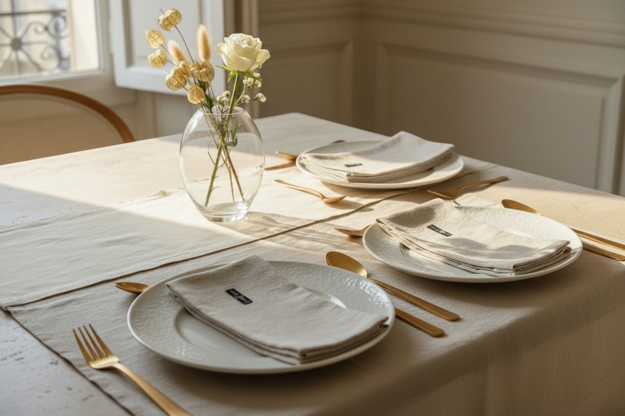 Eclectic set of four natural stonewashed linen napkins with a subtle scroll pattern on a refined dining table