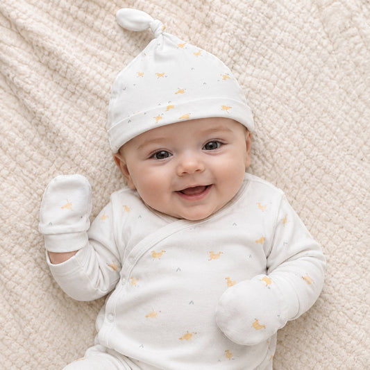 Eclectic newborn baby wearing a white cotton knotted hat and matching mittens with a subtle yellow duck print