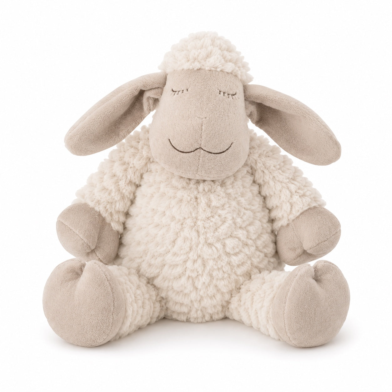Eclectic Peluche Ripples Lamb plush toy in soft beige with textured ripple fleece, floppy ears, and embroidered face.