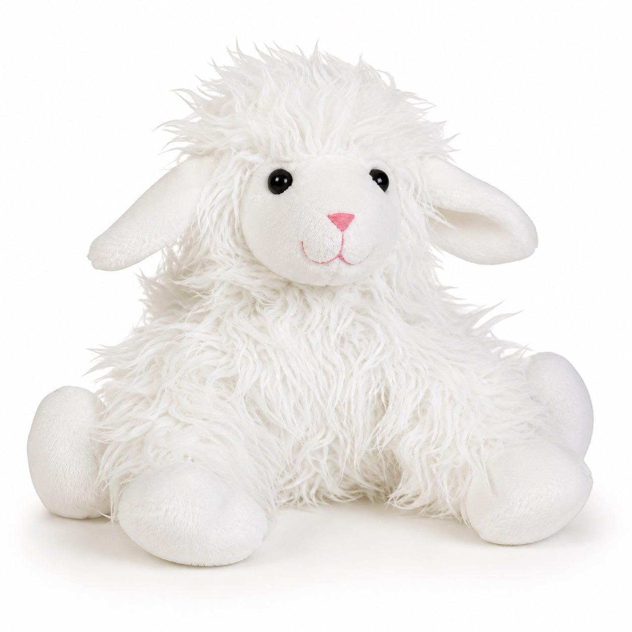 Eclectic Peluche Woolly Lamb white plush toy with shaggy fabric, floppy ears, and a sweet pink embroidered nose.