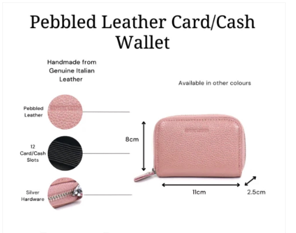Eclectic pink pebbled leather zip-around card holder with accordion interior and silver hardware
