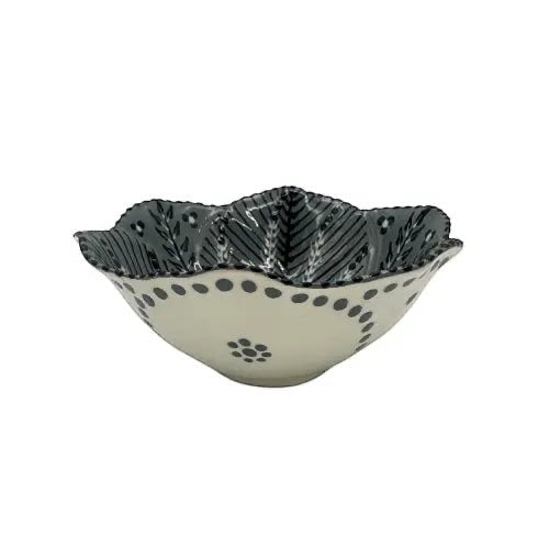 Eclectic Potterseed ceramic sweetie bowl with hand-painted black poppy motif on a cream glazed scalloped edge dish.