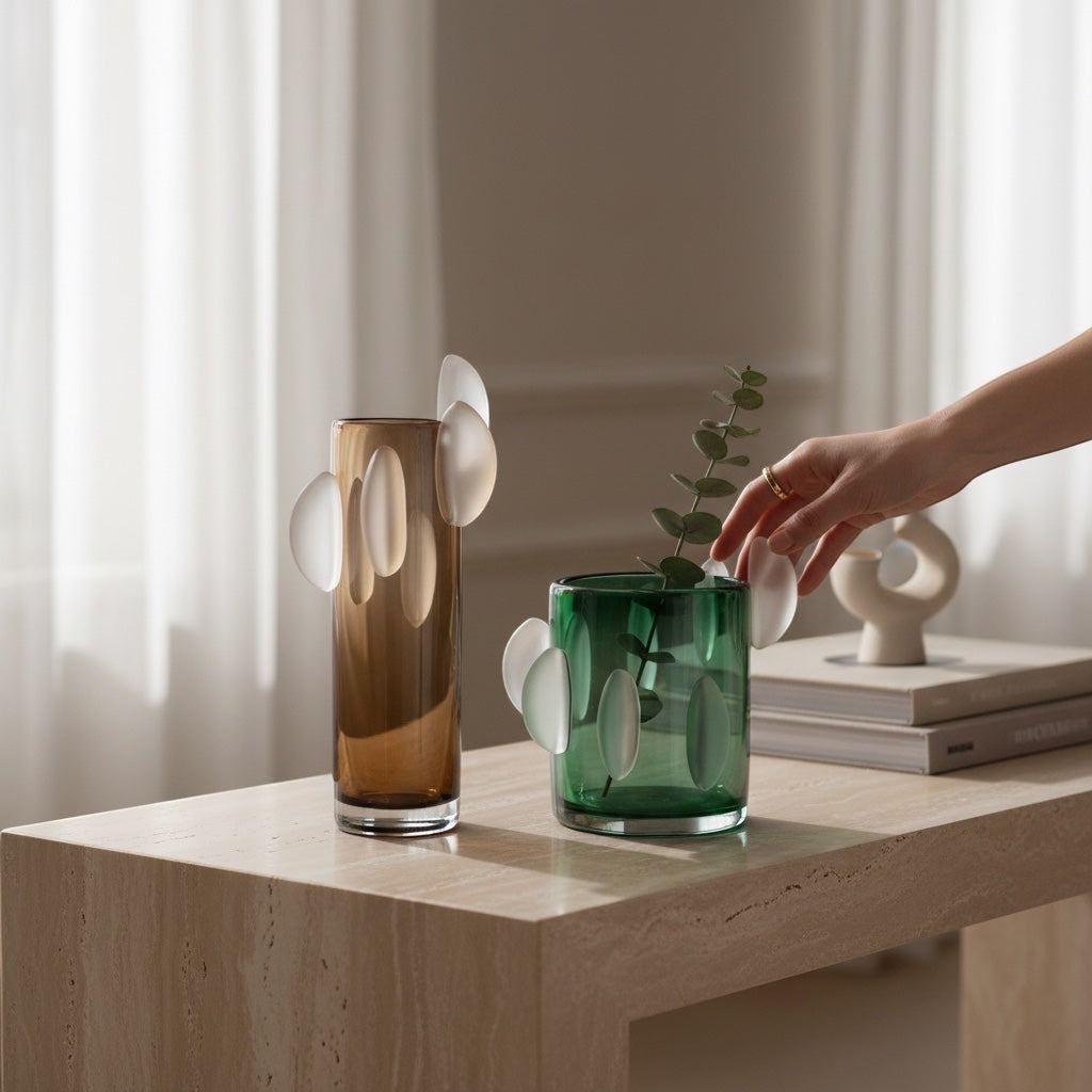 Eclectic Rosie green glass vase with frosted oval appliqués on a stone console table with a hand adjusting a stem