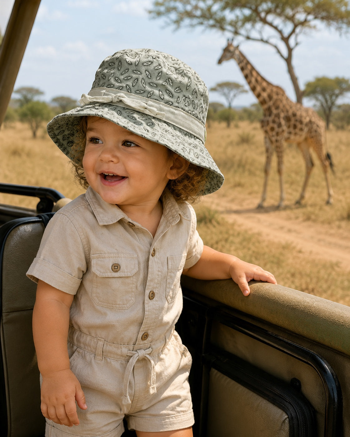 Toddler wearing a sage green patterned Eclectic cotton bucket hat with an adjustable tie on a safari game drive.