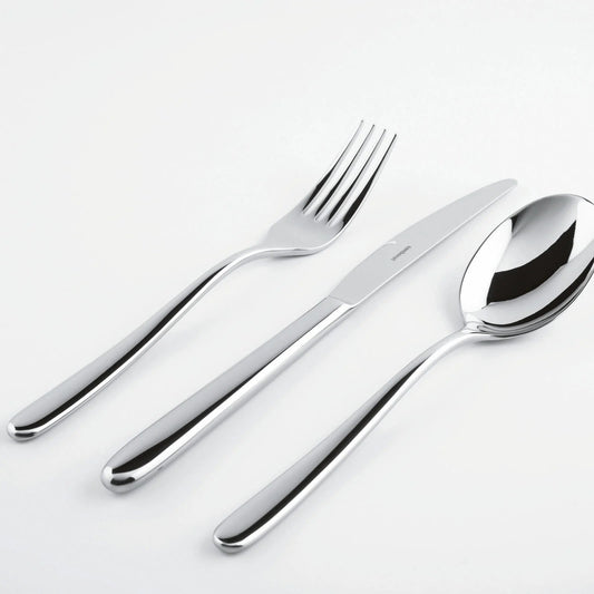 Eclectic Sambonet Hannah stainless steel cutlery set including a fork, knife, and spoon with a mirror-polished finish.