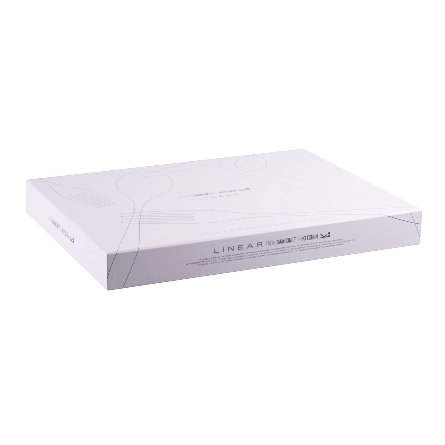 Eclectic Sambonet Linear 36-piece cutlery set in elegant white gift packaging for a sophisticated table setting.