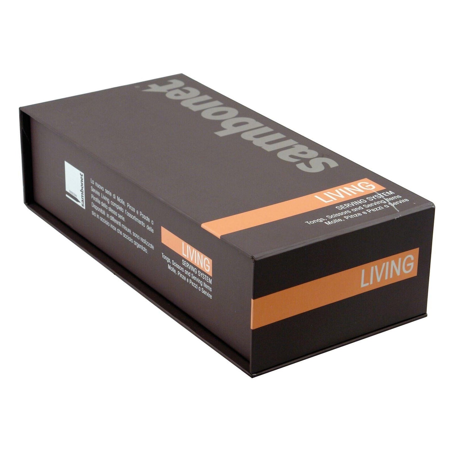 Eclectic Sambonet Living ice tongs presented in a branded brown and orange gift box