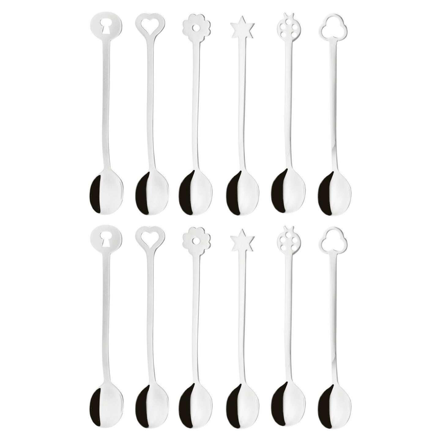 Eclectic Sambonet Party Portafortuna mirror finish stainless steel spoon set with decorative icon terminals