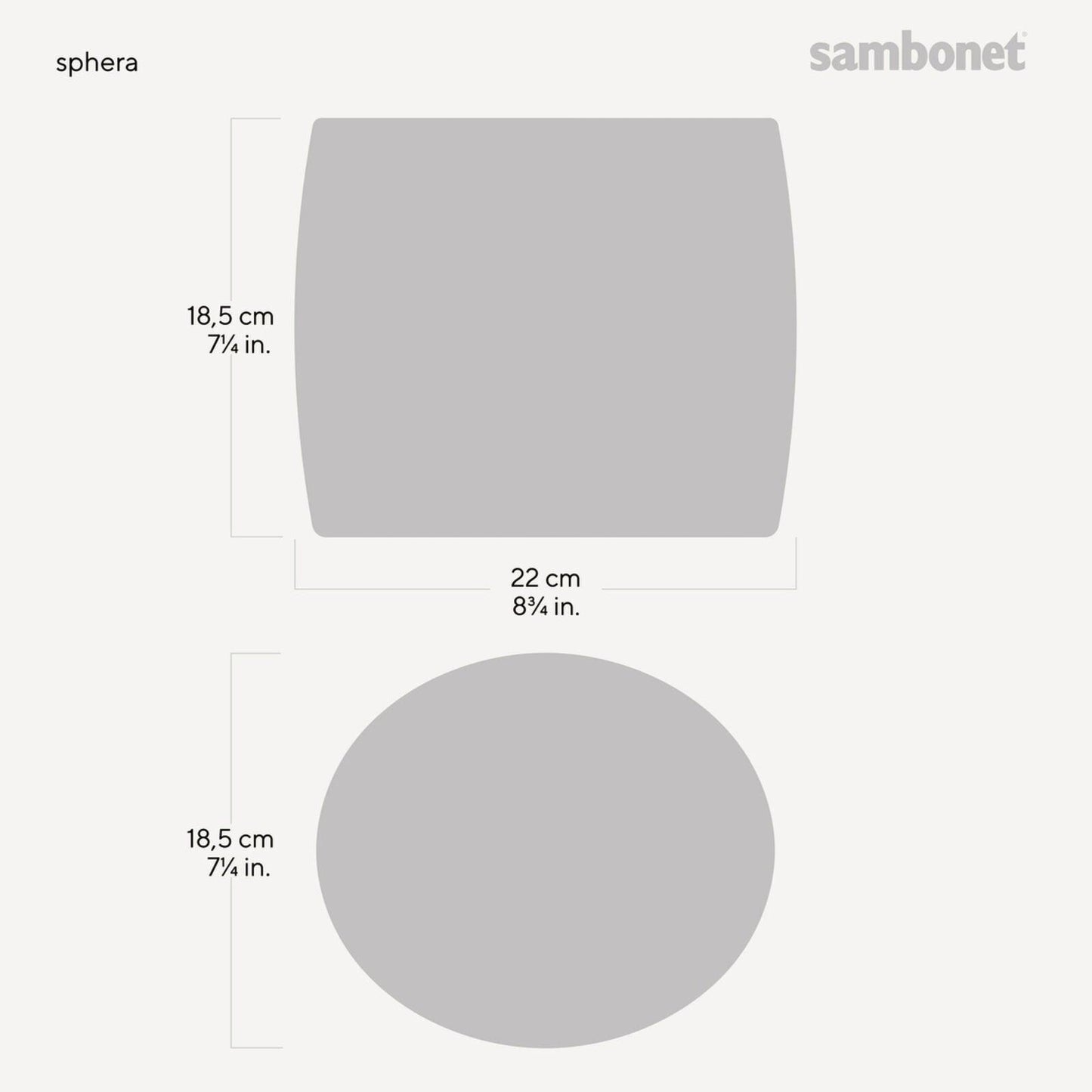 Eclectic Sambonet Sphera oval wine cooler technical dimensions diagram showing 22cm length and 18.5cm height and width