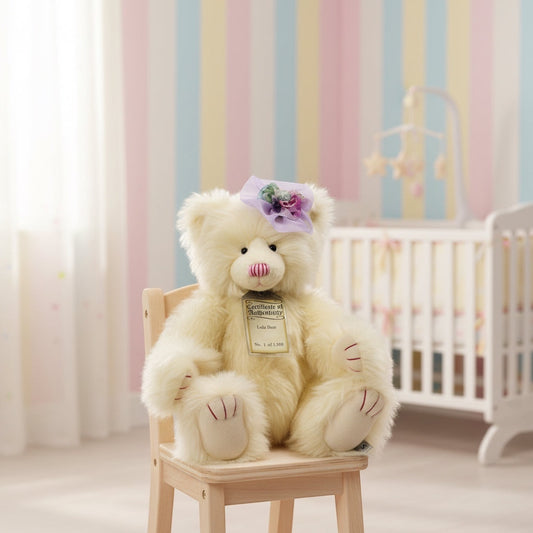 Eclectic Suki Lola Silver Tag Bear in white plush with a lilac tulle corsage, sitting on a wooden chair in a nursery.