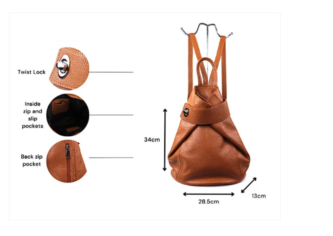 Eclectic tan pebbled leather convertible backpack with fold-over twist-lock closure and interior pocket details.