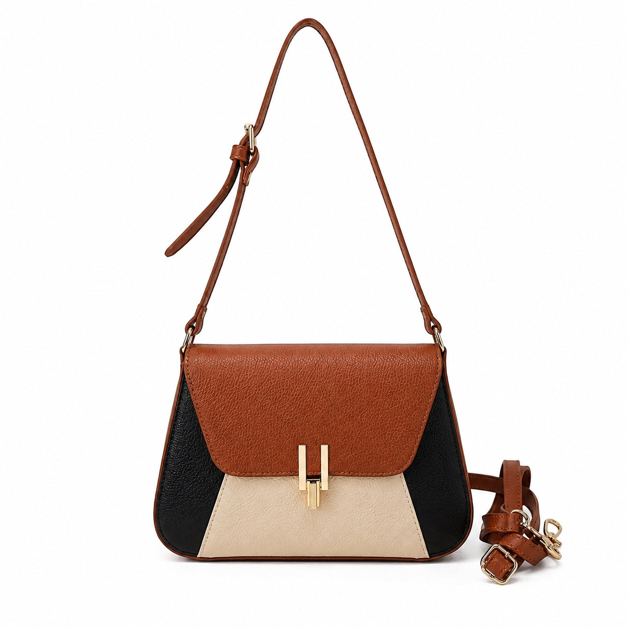 Eclectic Firenze tricolour leather crossbody bag in tan, black, and cream with gold-tone hardware and adjustable strap.