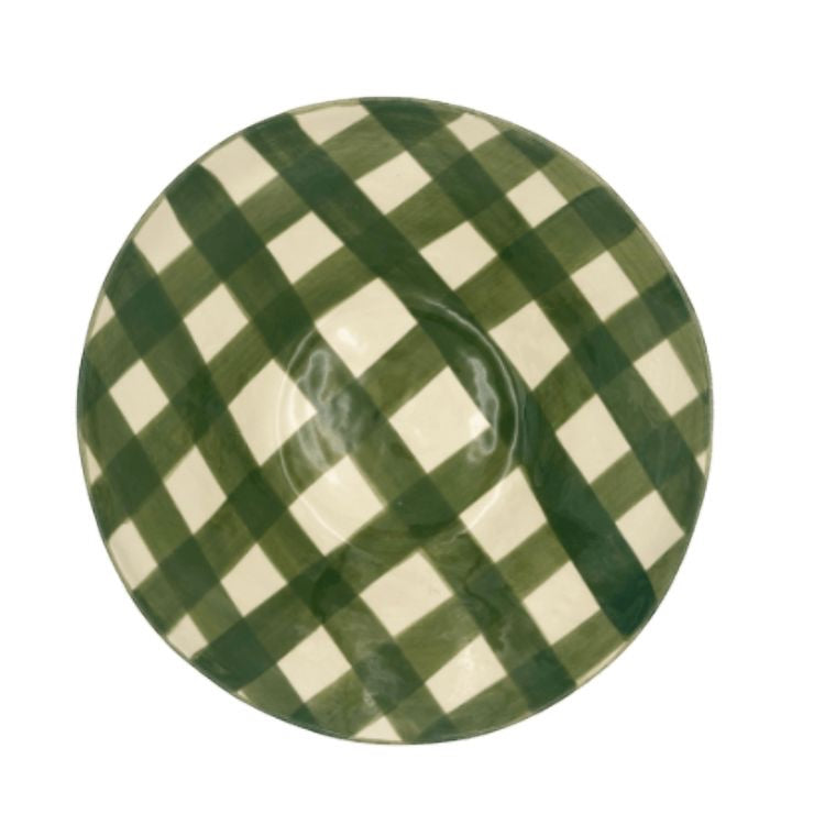 Eclectic Wonki Ware handcrafted pottery salad bowl with a green and white hand-painted gingham check pattern