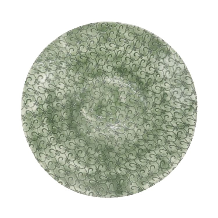 Eclectic Wonki Ware handcrafted green salad bowl with intricate hand-painted floral pattern and organic pottery texture.