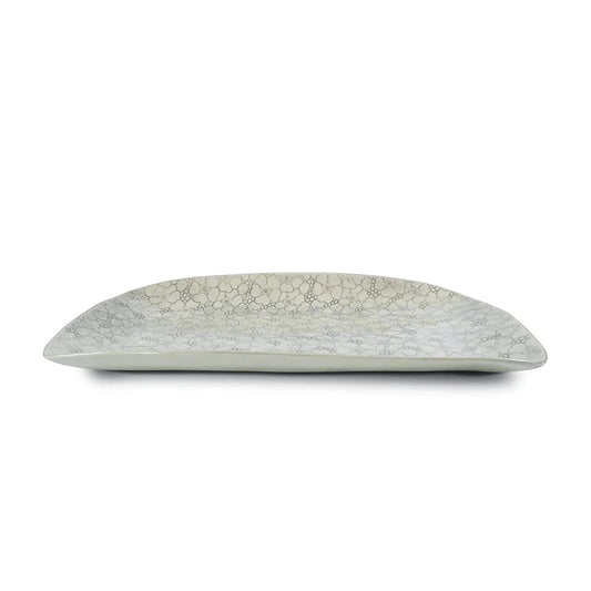 Eclectic Wonki Ware large handmade pottery trough with a delicate grey floral pattern on a white glazed surface.