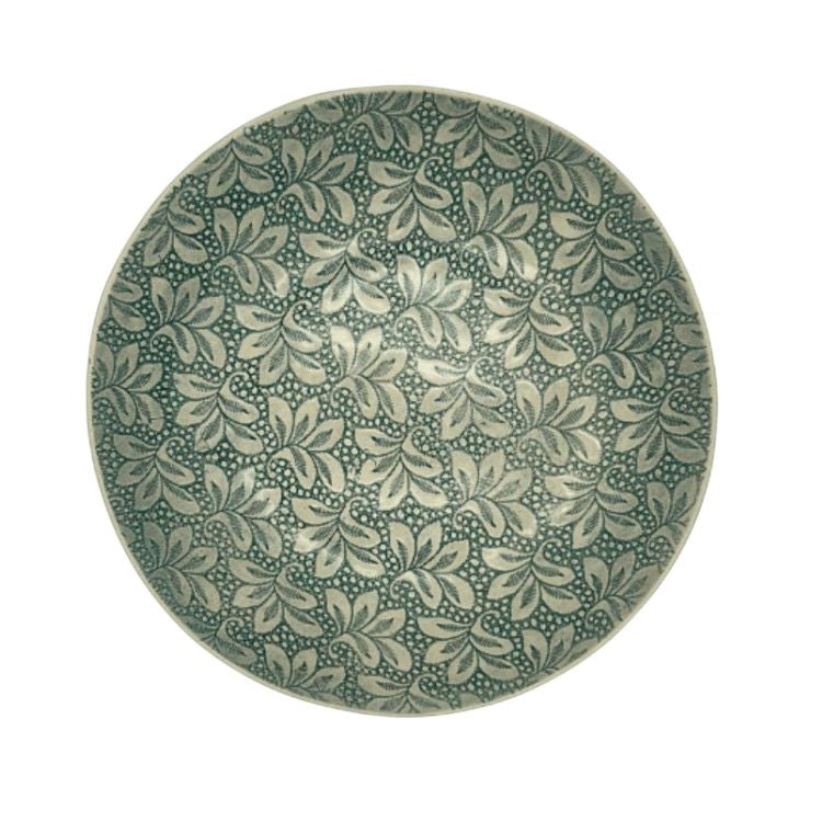 Eclectic Wonki Ware large handmade pottery spaghetti bowl featuring a green and white hand-painted leaf pattern.