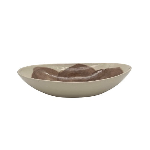Eclectic Wonki Ware Poppy Collection oval stoneware bowl in warm grey with hand-painted organic brushwork details.