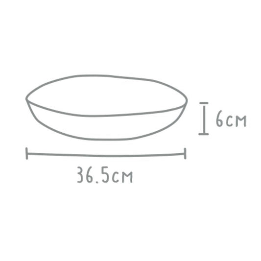 Eclectic Wonki Ware large pie dish technical diagram showing 36.5cm diameter and 6cm height dimensions