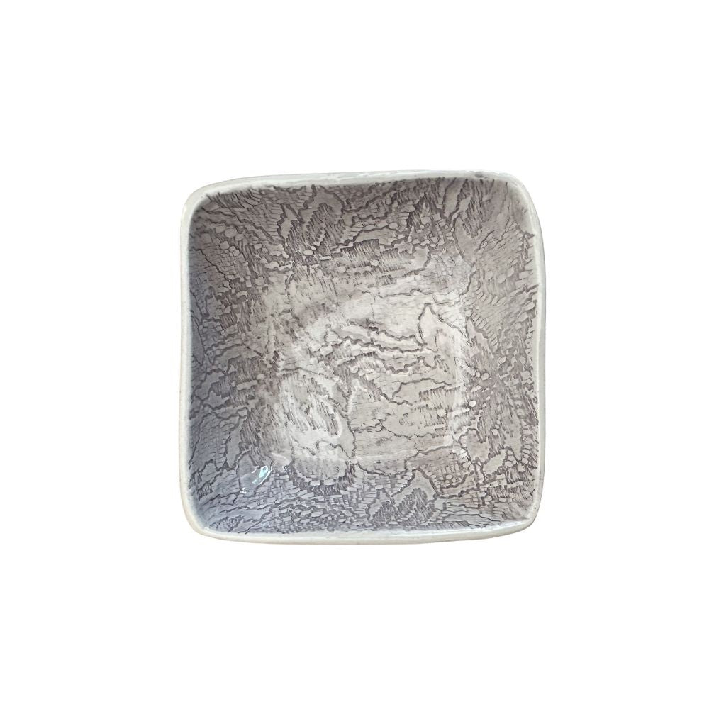 Eclectic Wonki Ware handcrafted square ceramic ramekin with a unique grey textured glaze for serving dips and snacks.