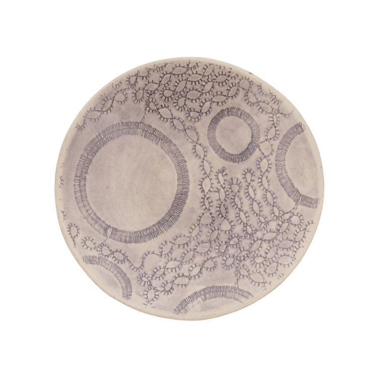Eclectic Wonki Ware handcrafted stoneware salsa dish with a unique grey patterned design on a white background.
