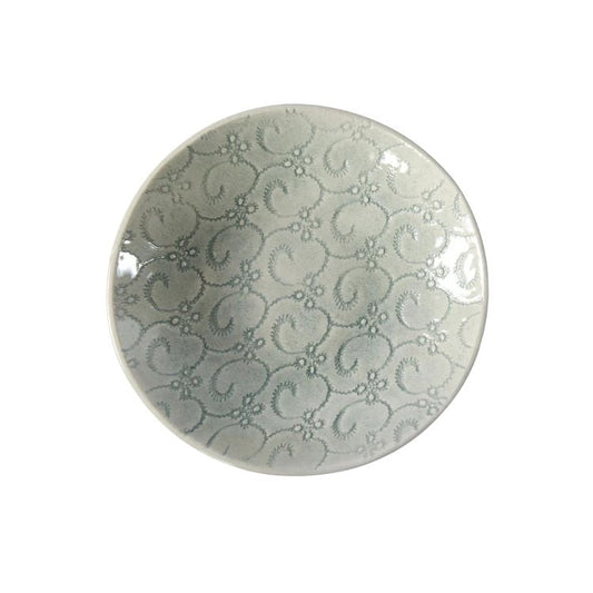 Eclectic Wonki Ware handcrafted stoneware salsa dish with a grey swirl pattern, top-down view.