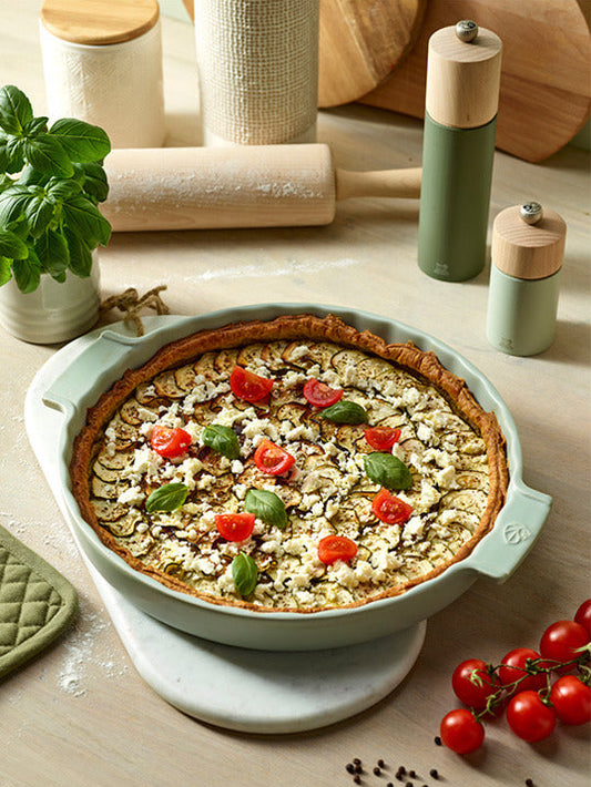 Peugeot Appolia sage green tart dish with baked quiche