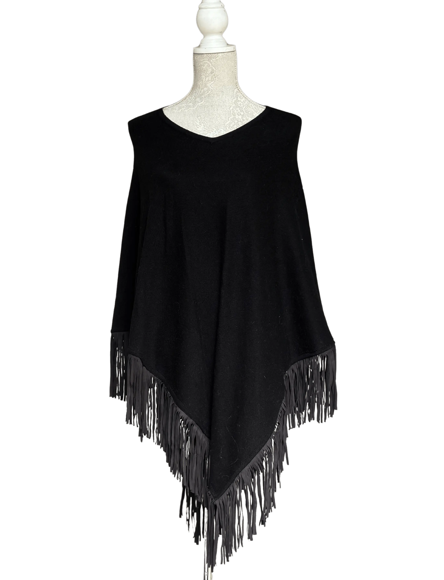 Cashmere Poncho With Leather Tassels (Black) - Cashmere Ponchos