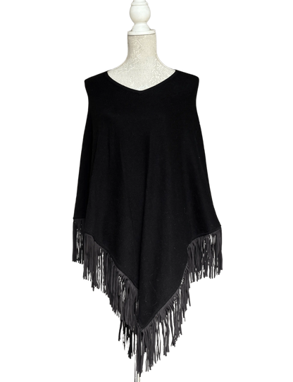 Cashmere Poncho With Leather Tassels (Black) - Cashmere Ponchos