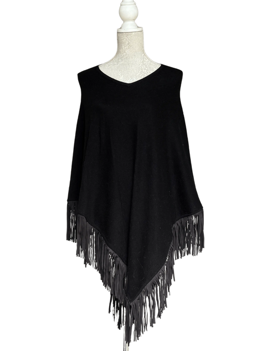 Cashmere Poncho With Leather Tassels (Black) - Cashmere Ponchos